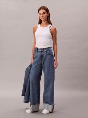Wide Leg Cuff Wide Cuff High Rise Straight Blue Jeans Size 25